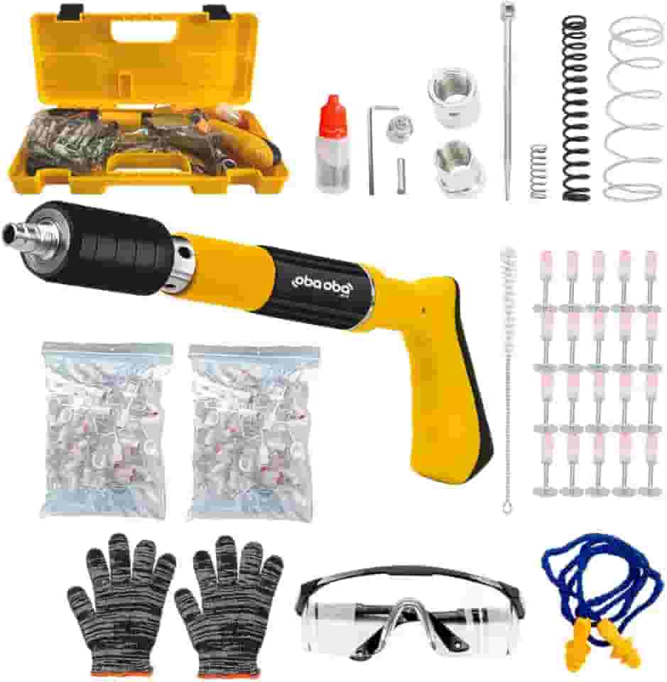 Kit Pistola de Fixação Finca Pino com 220 Pregos 20 Rebites e Kit de Segurança Par de Luvas Óculos de Proteção Abafador de Ouvido - Acrílico Maleta para Transporte