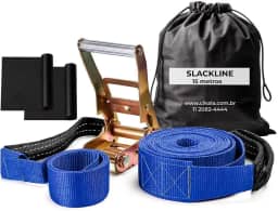 Slackline Azul 15 M Catraca + Alças + Protetores + Bolsa