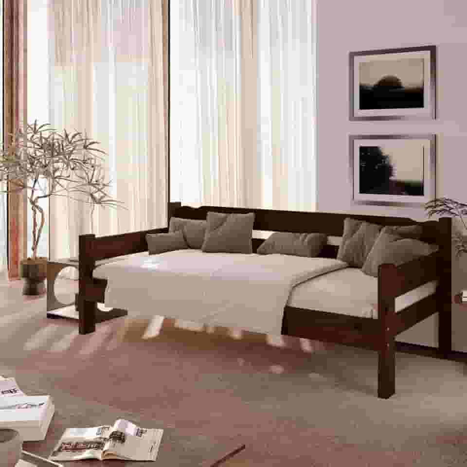 Sofá cama solteiro de madeira maciça Nemargi Castanho