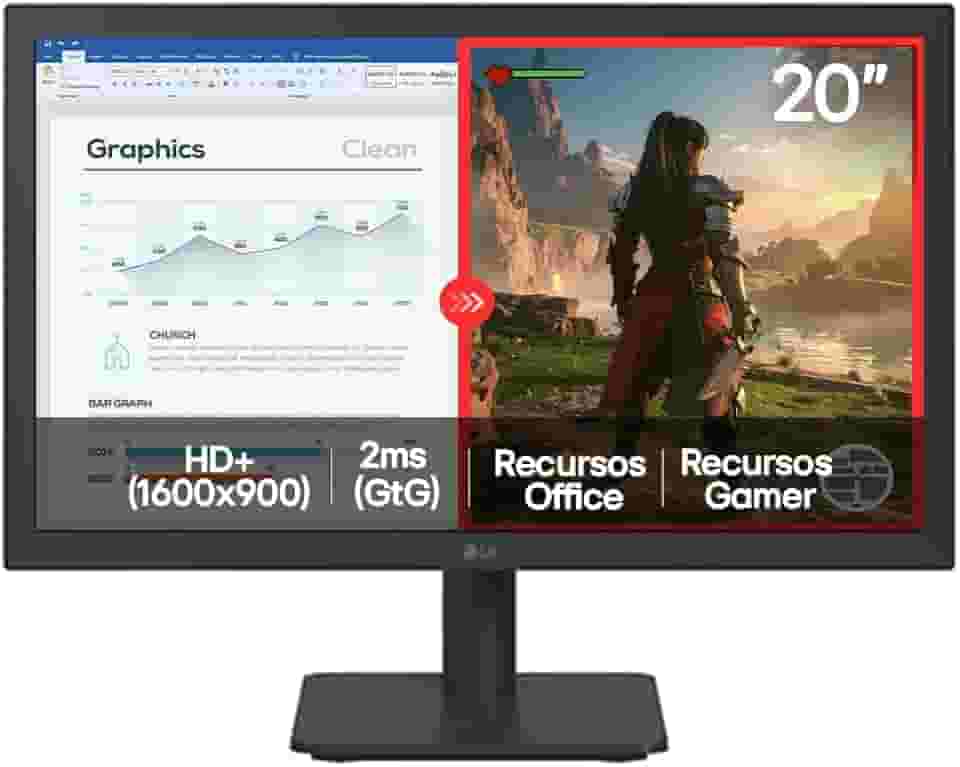 Monitor LG LED Home & Office - Tela 20” HD+, LG Switch, Modo leitura e Flicker Safe, HDMI, VGA, 2ms (GtG), 75Hz, Black Stabilizer, Dynamic Action Sync, Crosshair, saída fone de ouvido - 20U401A-B.AWZM