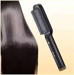 Escova alisadora de cabelo profissional 3 em 1, alisa, ioniza, seca. Penteadeira de cerâmica quente, aquecimento rápido, 5 configurações de temperatura e anti-escaldadura (proteção para não queimar). Cor Preta com detalhes dourado (Black&Gold)