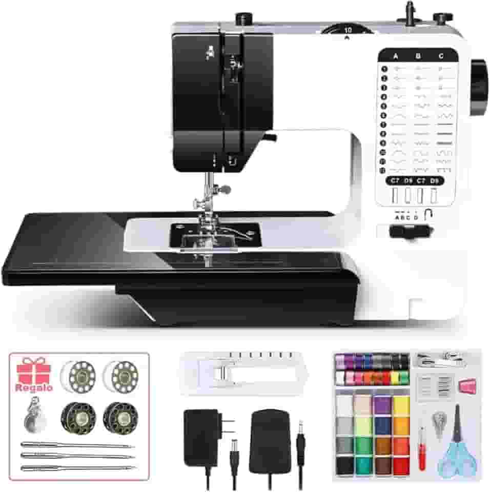 Máquina de Costura Portatil com 38 Pontos Ajustáveis Luz LED,Máquina De Costura Doméstica Com Bancada Ajuste de Comprimento e Largura de Ponto,Casa de Botão Automática,Cortador de Linha - 220v