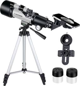 Telescópio para crianças iniciantes, 70 mm abertura 400 mm telescópio refratário astronômico para adultos estudantes - telescópios de viagem com tripé, adaptador de telefone (prata)