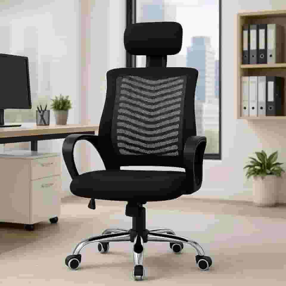 Cadeira de Escritório Ergonômica Ajustável com Apoio de Cabeça (Preto)