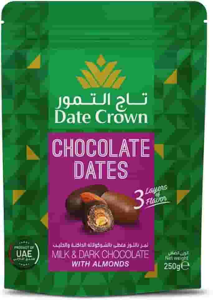 Tâmaras sem Caroços Cobertas com Chocolate ao Leite & Meio Amargo Recheadas com Amêndoas - Date Crown Importadas dos Emirados Árabes Unidos - Doce ideal para presentear