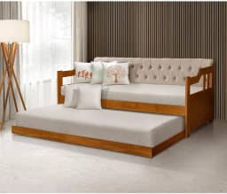 Sofá Cama Dublin Estofado Capitonê Veludo Bege Madeira Maciça com Cama Auxiliar - Castanho