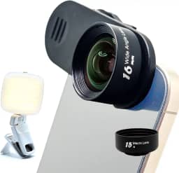 Kit de lentes fotográficas profissionais FotoZ com luz de preenchimento de LED recarregável, lente grande angular, lente macro, clipe plano, estojo de transporte para iPhone, smartphone, tablet e