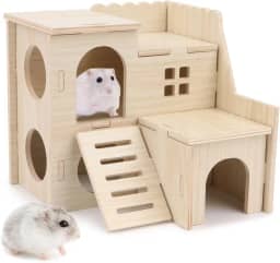 Wontee Hamster anão esconderijo de madeira labirinto divertido de dois andares para hamsters anões, ratos gerbos ou animais de estimação de tamanho semelhante
