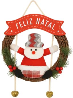Guirlanda Natalina Decorativa, Feliz Natal, enfeite de boneco de Neve em Tecido, Rústica com Galhos, Vermelho e Branco, com Sinos Dourados.