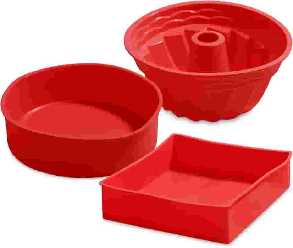 Kit 3 Formas para Air Fryer 4 litros Quadrada Para bolo Pães e Doces Assadeira em Silicone (Vermelho)