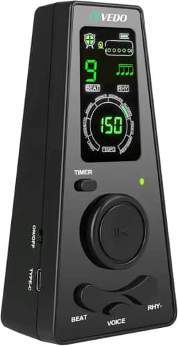 Metrônomo digital VEDO com temporizador, contagem vocal em inglês, operação um toque e display colorido fácil leitura Metrônomo eletrônico com controle volume para piano, guitarra, bateria e violino