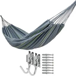 Kit com Rede de Descanso Cinza com Listras Coloridas com 1 Par de Ganchos, 3,60m x 1,40m, com Par de Ganchos, Suporta 200kg