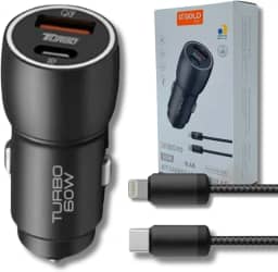 Carregador Veicular Turbo 60W Pro, Kit com Cabo Lightnin. Duas portas USB 3.0 + USB-C, Led, Carregamento Rápido 9.1A Fast Charge Carro/Automotivo Compatível com IOS – Premium (Preto)