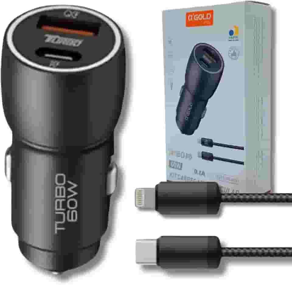 Carregador Veicular Turbo 60W Pro, Kit com Cabo Lightnin. Duas portas USB 3.0 + USB-C, Led, Carregamento Rápido 9.1A Fast Charge Carro/Automotivo Compatível com IOS – Premium (Preto)