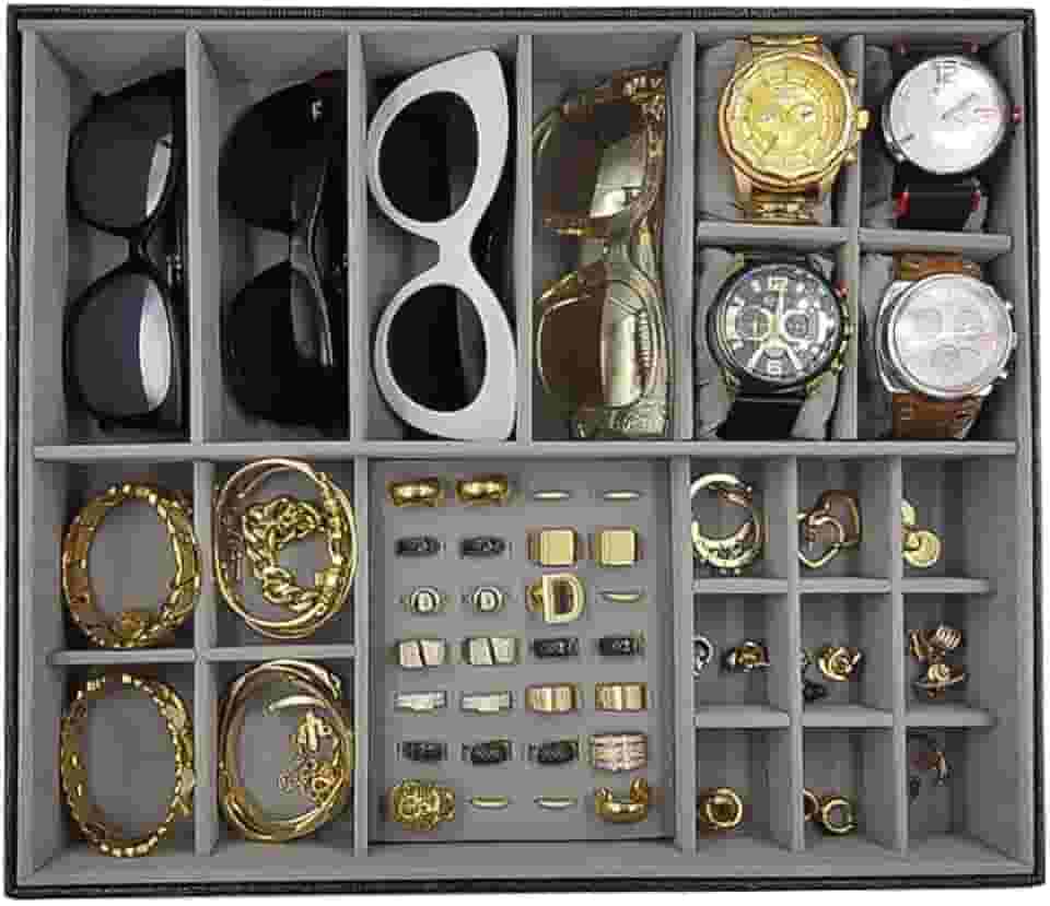 Bandeja Mista Óculos Relógios E Joias Closet Organiza Gaveta Acessórios Cinza
