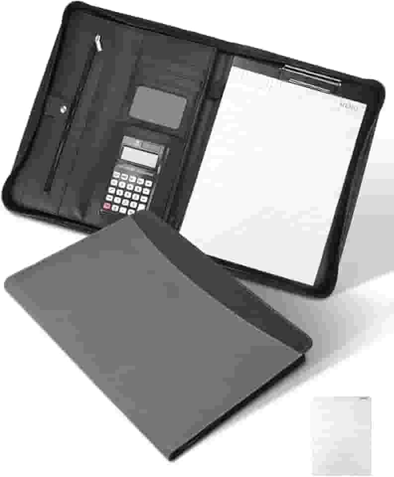 Pasta Executiva A4, Sofisticada, Cinza, 26x34 cm, Couro Sintético, 100 Folhas A4, Calculadora Solar de 12 Dígitos