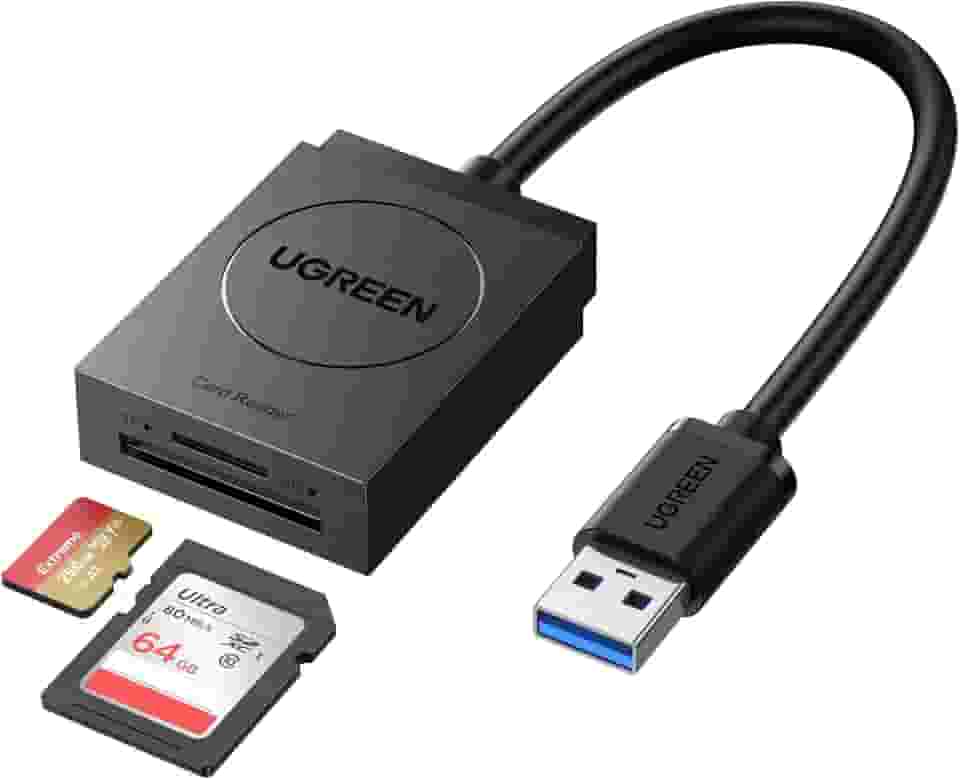 UGREEN Leitor de cartão SD USB 3.0 Leitor de cartão de memória flash de slot duplo TF SD Micro SD SDXC SDHC MMC RS-MMC Micro SDXC Micro SDHC UHS-I para Mac Windows Linux Chrome Leia 2 cartões