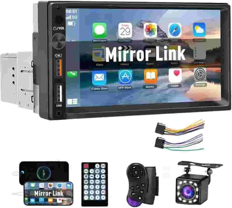 1 Din Car Stereo 7' Touch Screen, Mirrorlink & Android Auto, Bluetooth 5.1, MP5 Player, Câmera Retrovisora, Portas USB/SD, Rádio FM - Ideal para Sedan, SUV, Motoristas de Caminhão