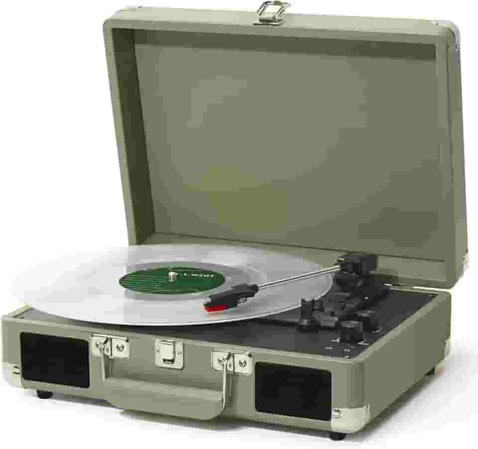 Vitrola Portátil com Maleta em Madeira e Couro, 3 Velocidades + Bluetooth 5.0 - Compatível com Todos Tamanhos de Vinil (7/10/12 Polegadas) (Verde) Vitrola Retro com Transmissão por Correia