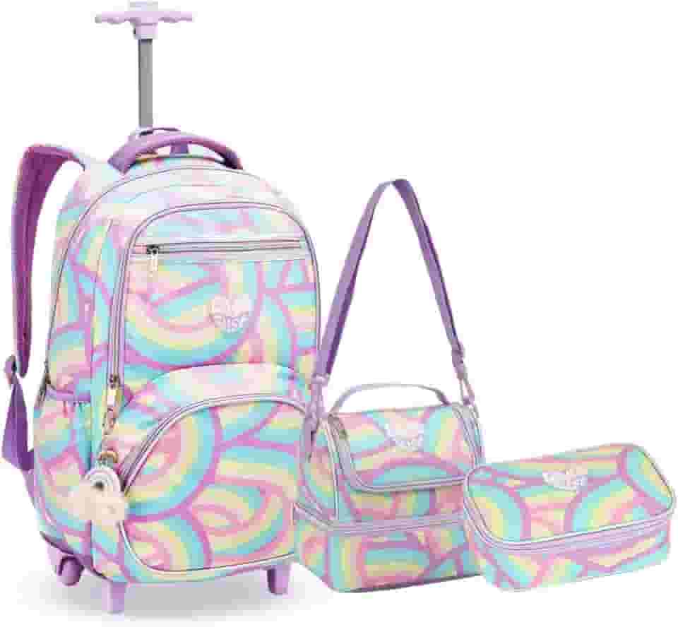 Kit Mochila Rodinha Juvenil Pompom Arco Iris Escola Meninas