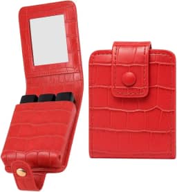 Estojo Porta Batom de Couro PU com Espelho – Organizador Portátil de Maquiagem para Viagem, Cabe até 3 Batons, Design Croco, Vermelho