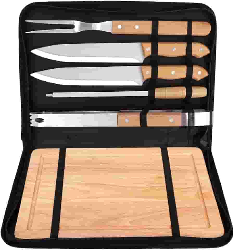 Kit Churrasco Tradicional Inox 6 Peças, Kit Churrasco com Tabua, Kit Churrasco, Kit Churrasco Inox, Kit Tábua para Churrasco, Kit de Churrasco 6 Peças com Tábua de Bambu