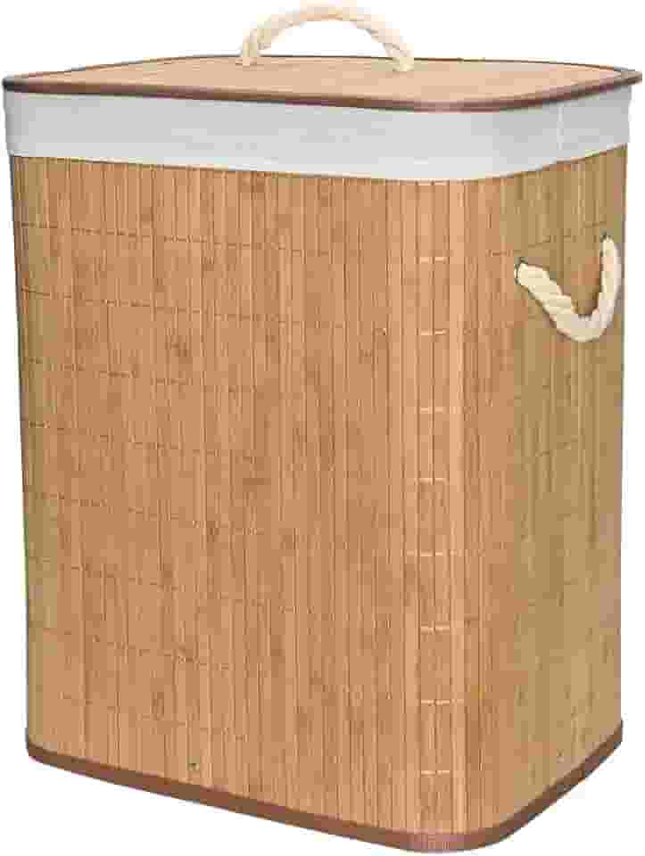 Mimo Style Cesto de Bambu Claro com Tampa para Roupas Sujas. Ideal para Lavanderia, Área de Serviço, Banheiro e Quarto. Forro Removível com Aro de Aço para Fixação, Dobrável, Alça de Corda Macia, Bege
