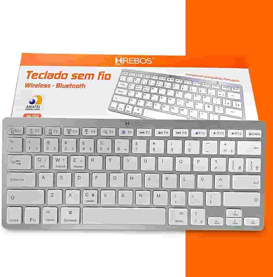 Teclado Sem Fio, Bluetooth, Ultra Slim, Silencioso, Layout ABNT2, Compatível com Windows, Mac, Android e iOS, Design Moderno, Para Tablet, Celular, Computador, Note, Teclas 'Ç' e “COMMAND', Metalizado