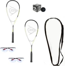 Dunlop Sports Conjunto de raquete de squash para iniciantes (inclui 2 raquetes, 2 protetores oculares, 1 bola, capa)