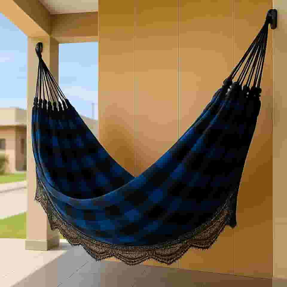 Rede de Dormir Casal Jaguaruana, 4,50m, 100% Algodão, Suporta 180kg (Preto e Azul)