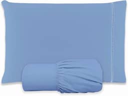 Jogo de Lençol SOLTEIRO 2 Peças 100% Algodão 200 Fios Lençol Com Elastico Lençol e Fronha Com PONTO PALITO (AZUL, SOLTEIRO 2 PEÇAS)