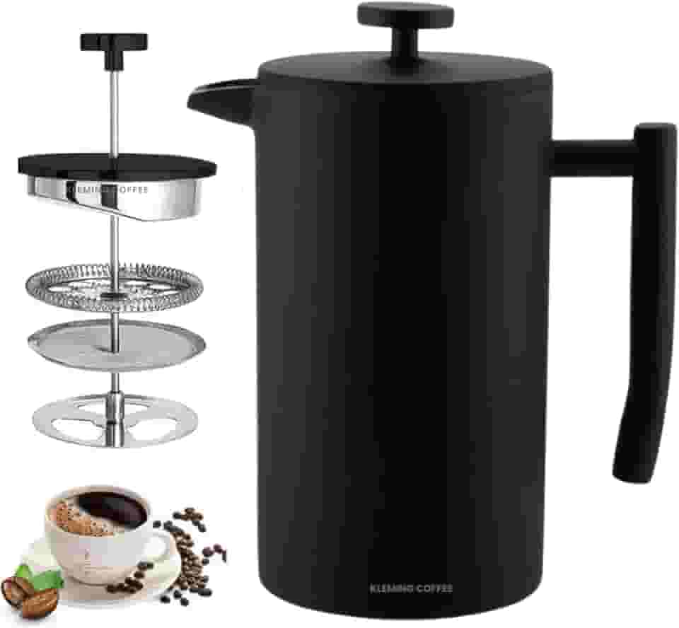 Cafeteira de Prensa Francesa com Parede Dupla em Aço Inoxidável,700 ml, Térmica, 60 MinutosTempo de Preservação do Calor, Filtragem Perfeita, Aço Inox 304 Preta