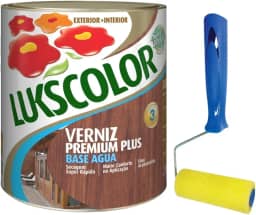 Verniz Base Água 900ml Madeira Lukscolor, Rolinho Espuma 9cm (Brilhante Mogno + Rolinho 9cm)
