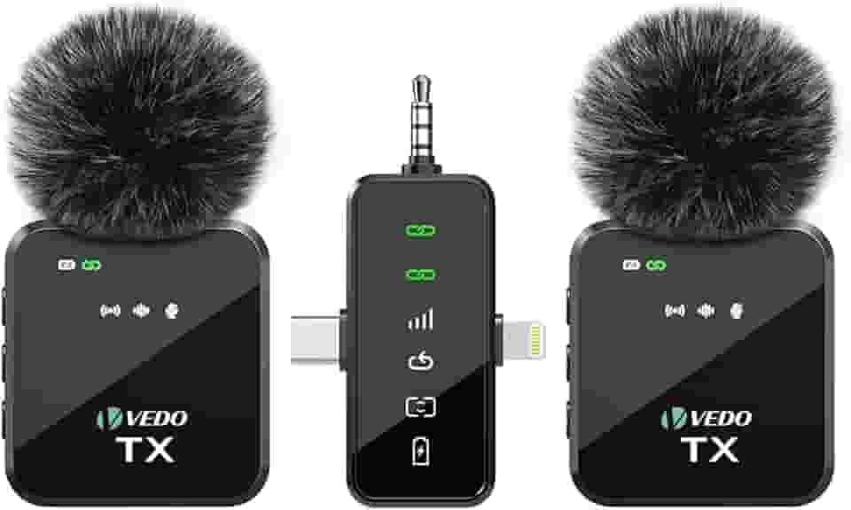 VEDO Microfone de lapela sem fio 3 em 1 para iPhone/Android/Câmera, Microfone Transmissão de 25m, Bateria com duração de 18 horas, Mini microfone para gravação de entrevistas e vlogs