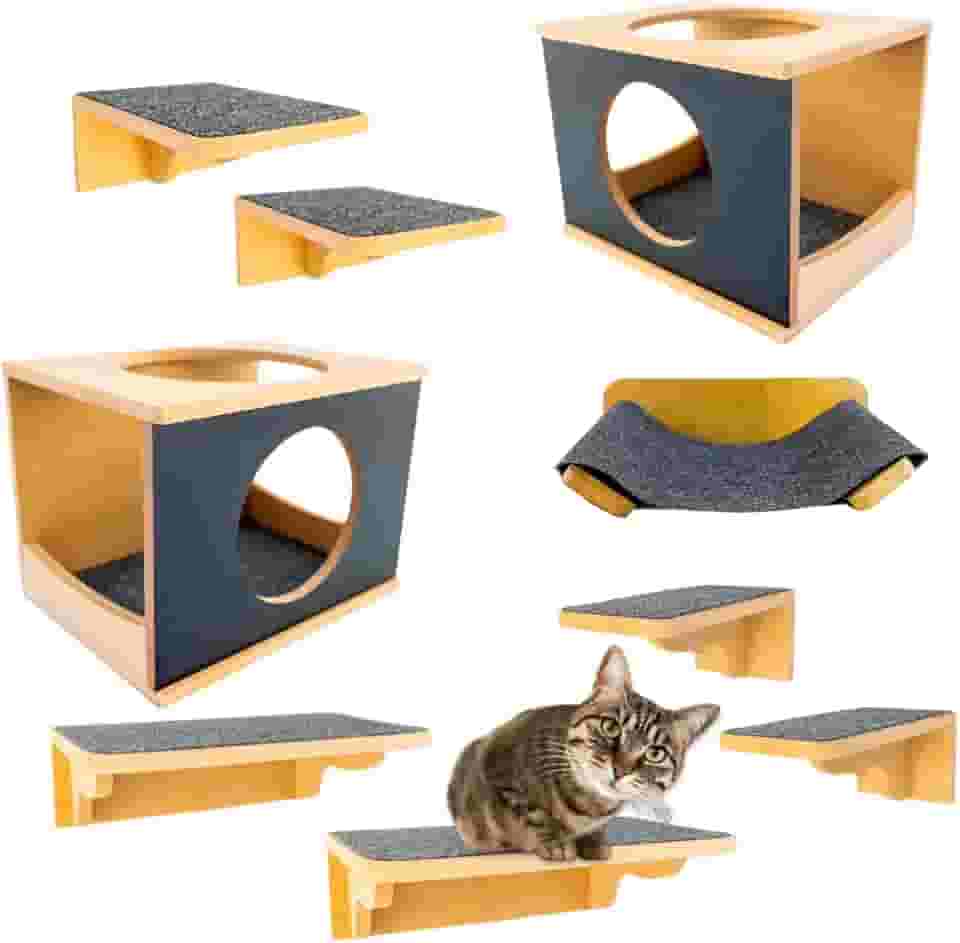 Playground Para Gatos 9Pçs Premium Resistente Já Montado Com Kit Fixação e Rede (PRETO) (Preto)