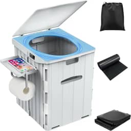 Vaso sanitário portátil extra grande para adultos, dobrável, com prateleira de telefone removível e suporte de papel higiênico, impermeável, cinza