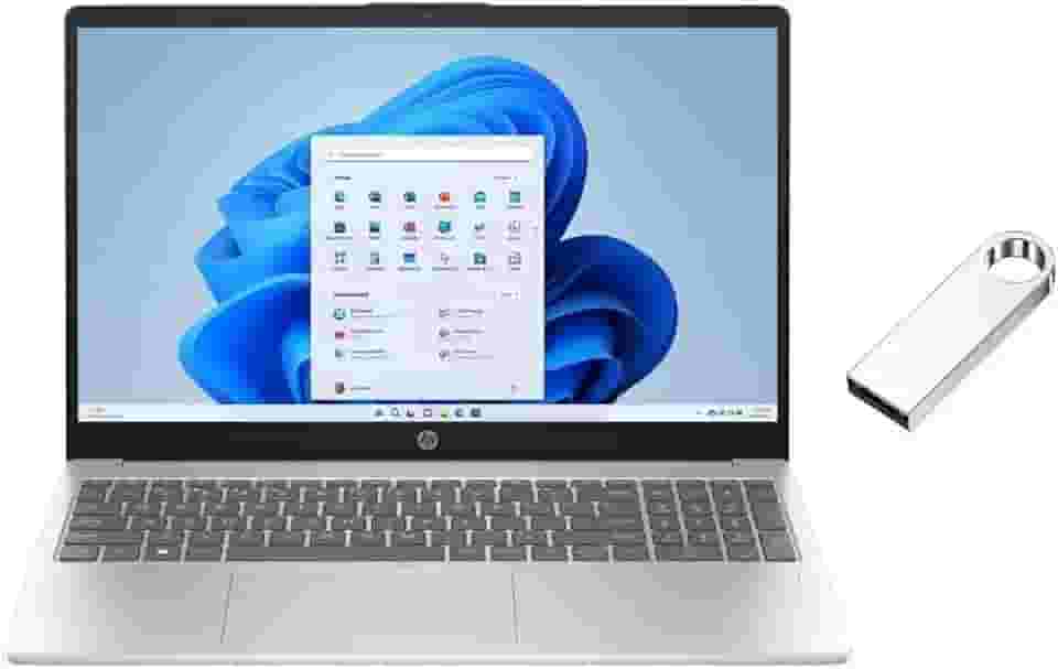 HP Laptop FHD de 15,6 polegadas | Processador Intel Core i3-N305 | Gráficos Intel UHD | Impressão digital | Prata | RAM de 16 GB | SSD de 256 GB | Windows 11 Home | Pacote com unidade flash USB de 64