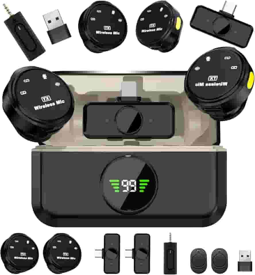 QBuen microfone de lapela sem fio de nível profissional, Microfone sem fio lapela(2TX+3RX), Três níveis de redução de ruído, Amplamente compatível com dispositivos de interface Tipo C e Lightning