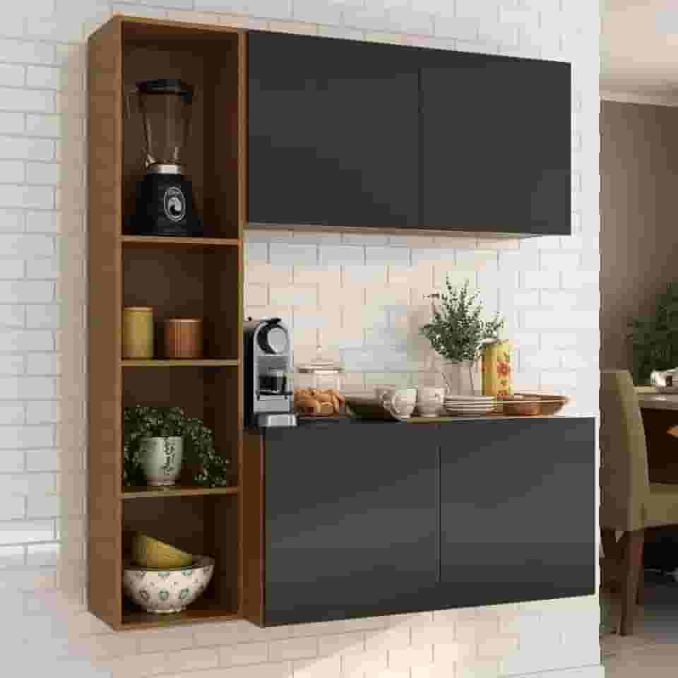 Armário De Cozinha Compacta Com Balcão Linea Fit 4 Portas Multimóveis Mp2218 Carvalho Avelã/preto