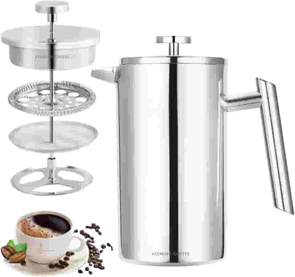 Cafeteira de Prensa Francesa com Parede Dupla em Aço Inoxidável, 700 ml, Térmica, 60 MinutosTempo de Preservação do Calor, Filtragem Perfeita, Aço Inox 304, Prata.