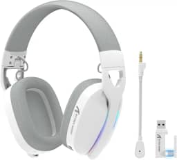 ATTACK SHARK L90 Fone de ouvido sem fio ultraleve para jogos,BT,2.4G,3.5 mm com fio,RGB dobrável, som surround 7.1,protetores auriculares com microfone removível com cancelamento de ruído(Branco)