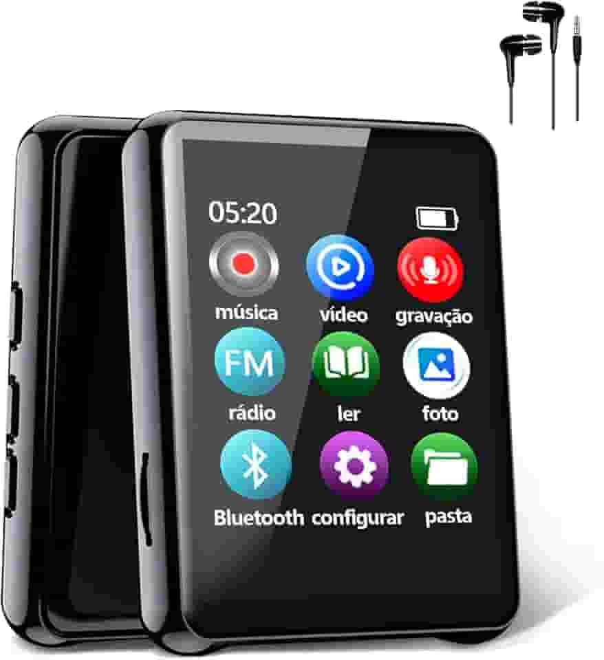 MP3 MP4 Player Music Player Bluetooth 5.0 Música Digital Portátil MP3 Player Bluetooth com Alto-falante Rádio FM Som sem Perdas HiFi Suporte TF Card de Até 128 GB Preto-FBA
