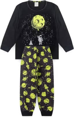 Pijama Longo Infantil Menino Blusa e Calça Astronauta Lunar Brilha No Escuro