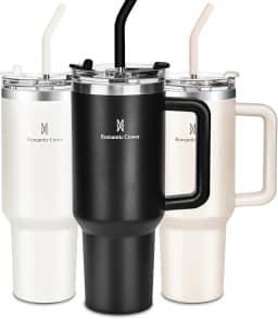 Romantic Crown Copo Térmico com Canudo Tampa e Alça 1,18L, Cops Garrafas Termico para viagem vácuo dupla camada aço inoxidável, Caneca Termica Cafe Água Chá,Presente, Fitness (Preto)
