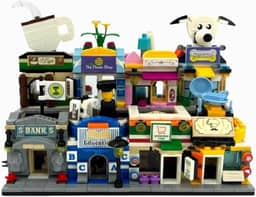 Kit de Blocos de Montar Cidade com 8 Estabelecimentos Conjunto Miniatura com Café Floricultura Banco Pet Shop Brinquedo Educativo de Construção
