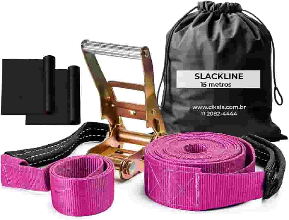 Slackline 15 M Rosa com Catraca Reforçada – Suporta 2 Ton, Cinta com Alças, Protetores e Bolsa de Transporte