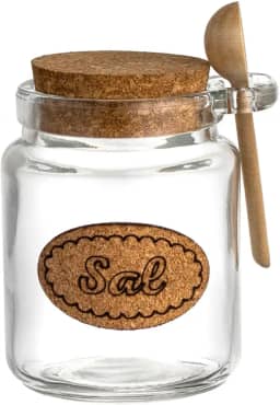 Saleiro Pote Porta Sal Vidro Grosso Hermético Colher Bambu Tampa Rolha Cortiça 250ml