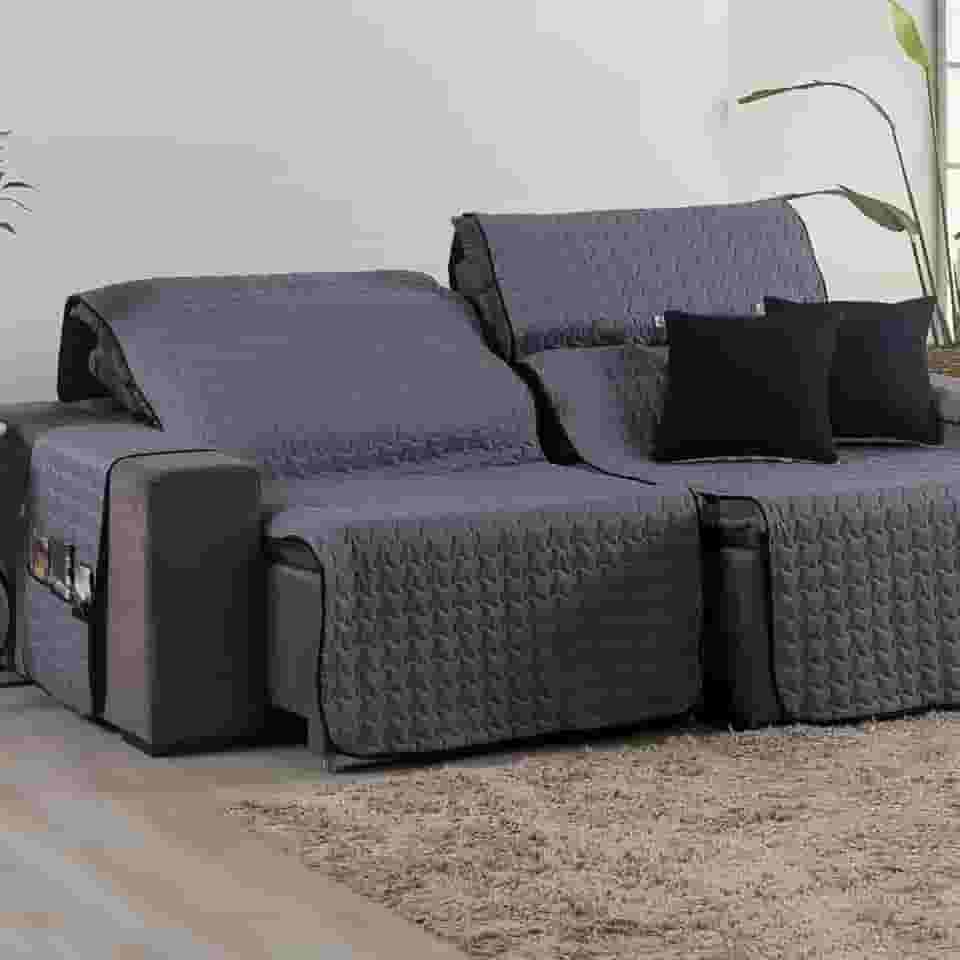 Capa para Sofá Retrátil 4 Lugares Tamanho King 2,40m 400 Fios + 2 Capa de Almofada | Protetor de Sofá Retrátil com Bolso (Cinza/Preto)