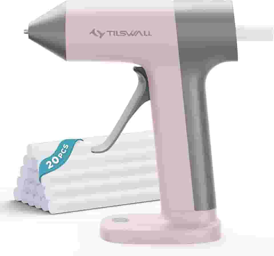 Tilswall Conjunto de pistola e bastões de cola quente sem fio, pré-aquecimento rápido 30s, mini pistola de cola quente recarregável com USB-C com 20 bastões de cola, desligamento automático, compacta