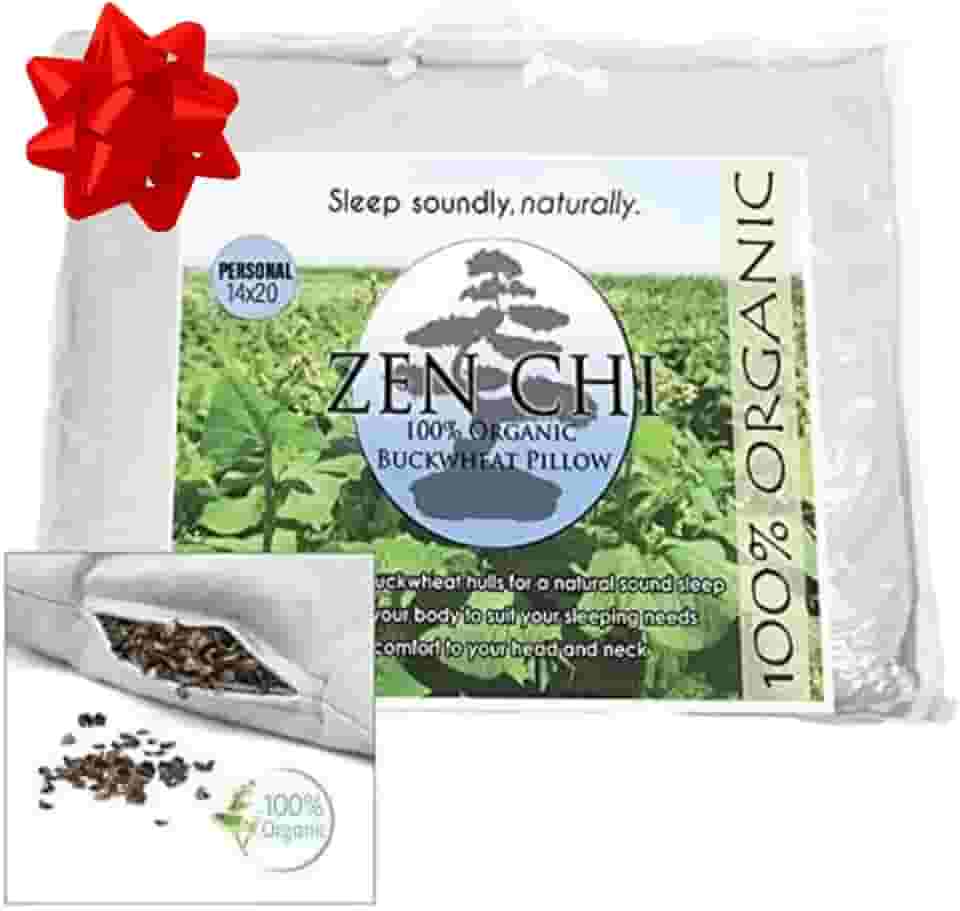 ZEN CHI Travesseiro de trigo sarraceno - Tamanho padrão orgânico (35,5 x 50) com tecnologia de resfriamento natural - Capa de algodão - Travesseiro confortável pessoal tem efeito refrescante natural,